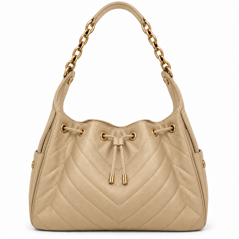 Maren Quilted Hobo Bag – Beige — front view