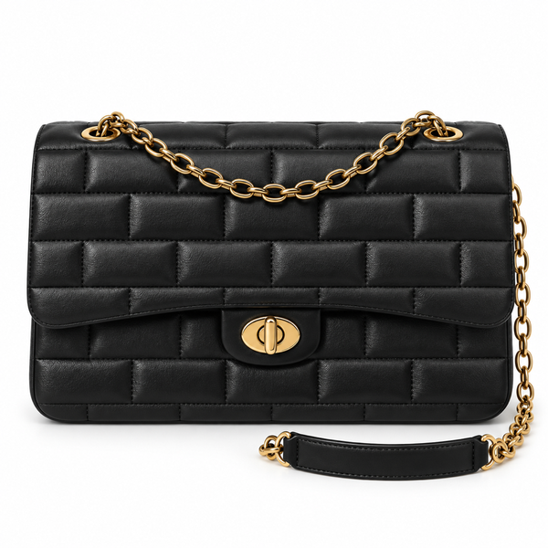 Elara Quilted Flap Bag – Black — front view