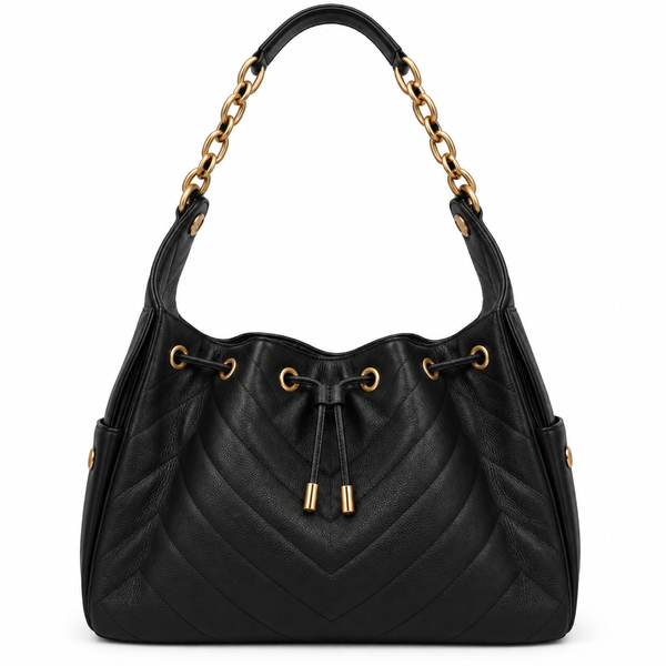 Maren Quilted Hobo Bag – Black — front view